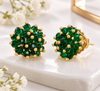 Emerald Green Crystal Cluster Stud Earrings with Gold Bead Accents for Women