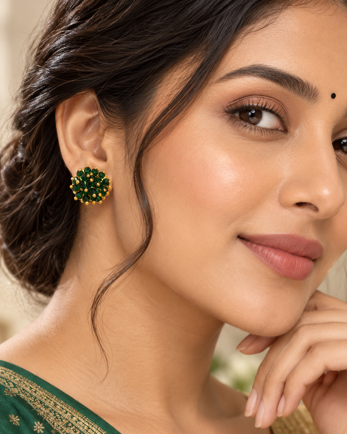 Emerald Green Crystal Cluster Stud Earrings with Gold Bead Accents for Women