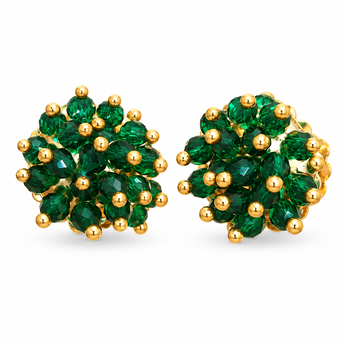 Emerald Green Crystal Cluster Stud Earrings with Gold Bead Accents for Women