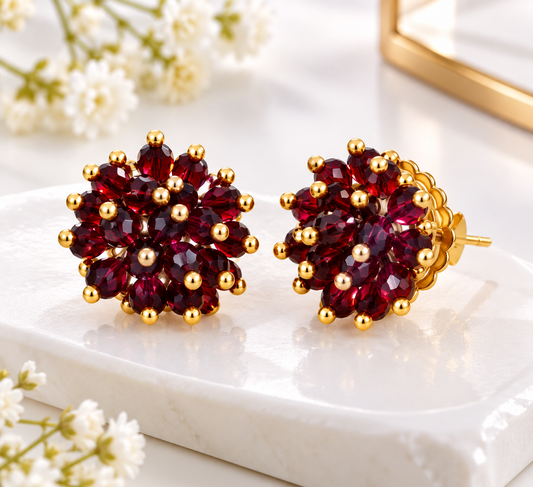 Burgundy Red Crystal Cluster Stud Earrings with Gold Bead Accents for Women