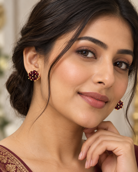Burgundy Red Crystal Cluster Stud Earrings with Gold Bead Accents for Women