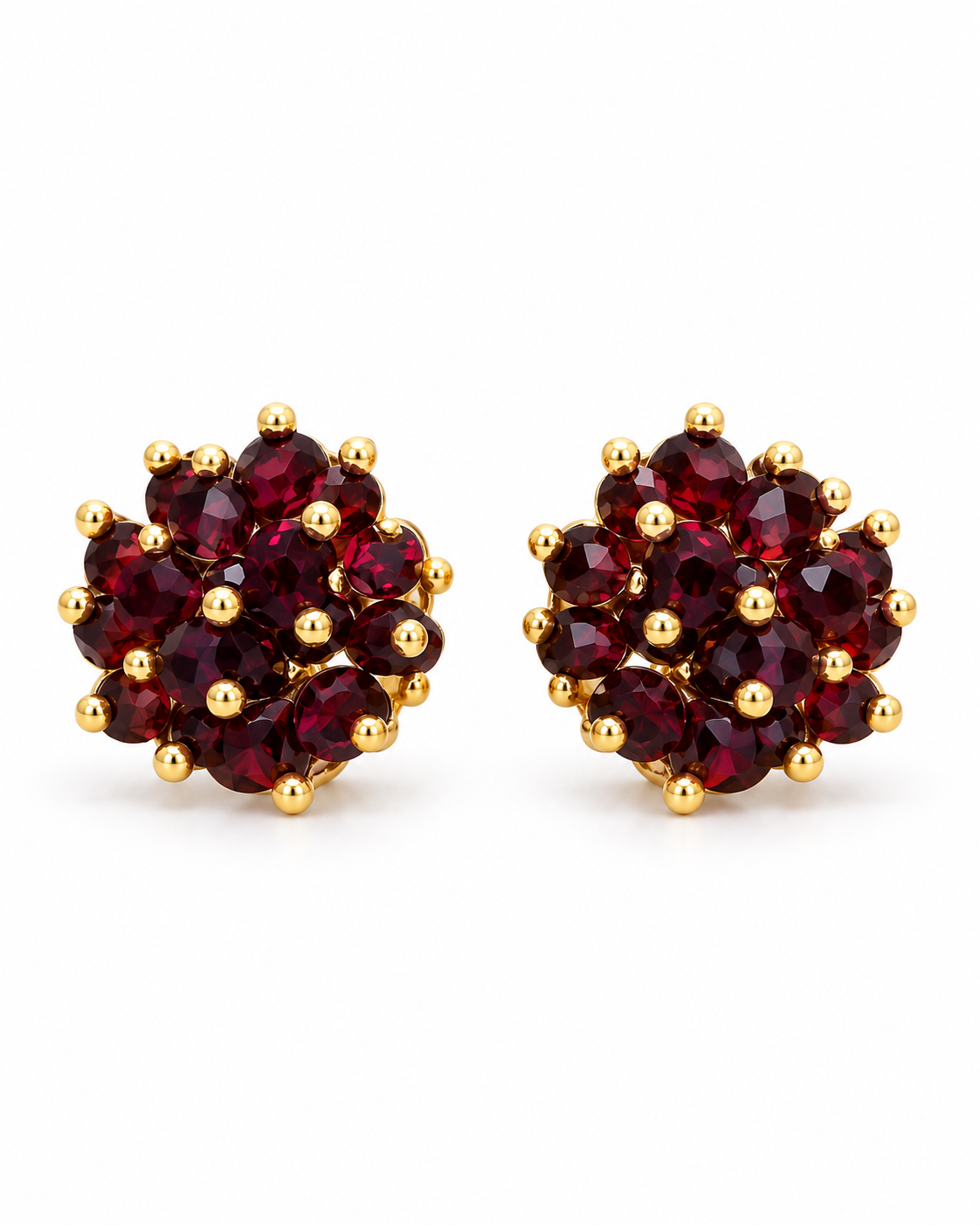 Burgundy Red Crystal Cluster Stud Earrings with Gold Bead Accents for Women