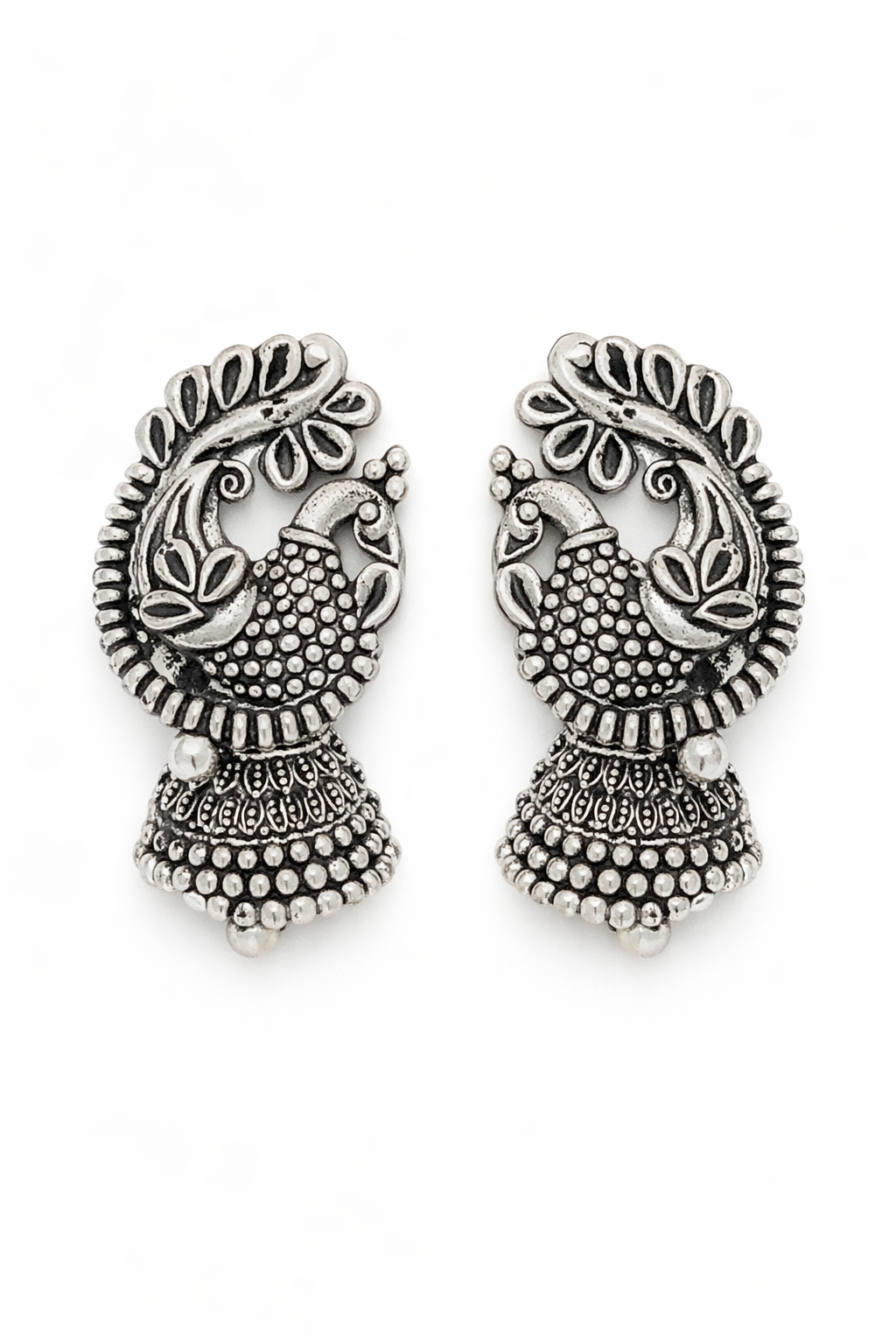 Peacock Oxidised Jhumka Earrings for Women Ethnic Silver Earrings