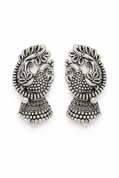 Peacock Oxidised Jhumka Earrings for Women Ethnic Silver Earrings