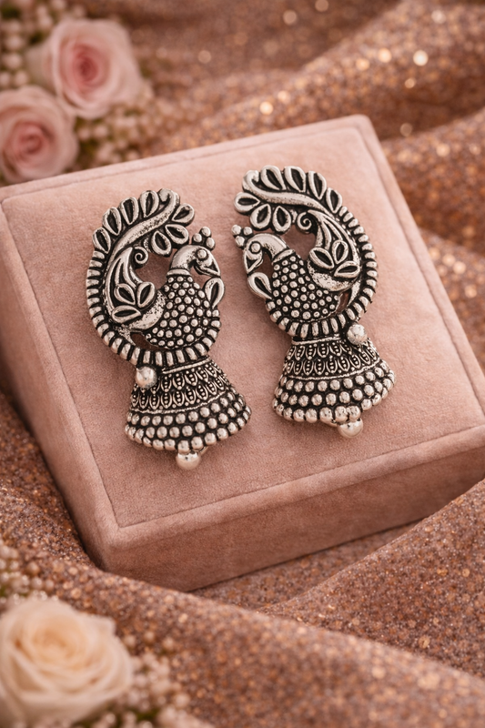 Peacock Oxidised Jhumka Earrings for Women Ethnic Silver Earrings