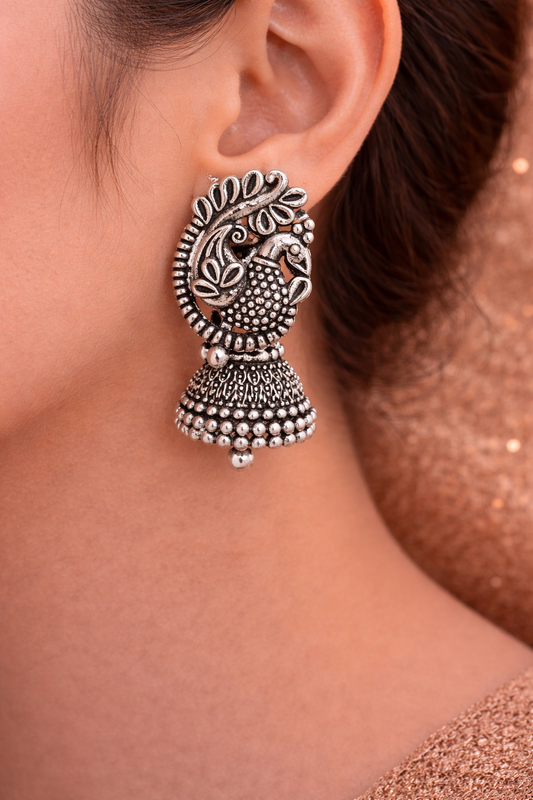 Peacock Oxidised Jhumka Earrings for Women Ethnic Silver Earrings