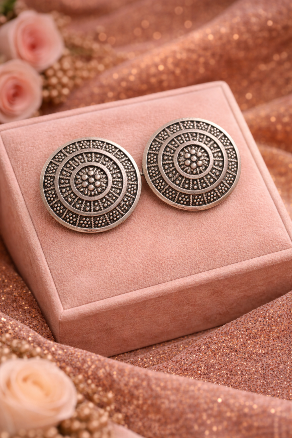 Oxidised Round Stud Earrings for Women Mandala Design Earrings
