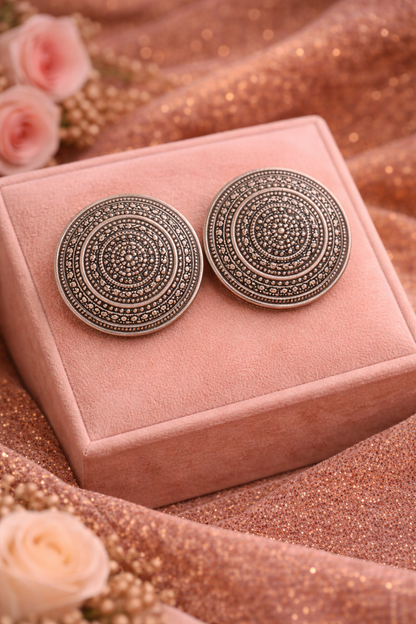 Oxidised Round Stud Earrings for Women Tribal Design Earrings