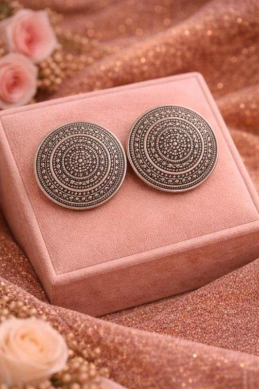 Oxidised Round Stud Earrings for Women Tribal Design Earrings