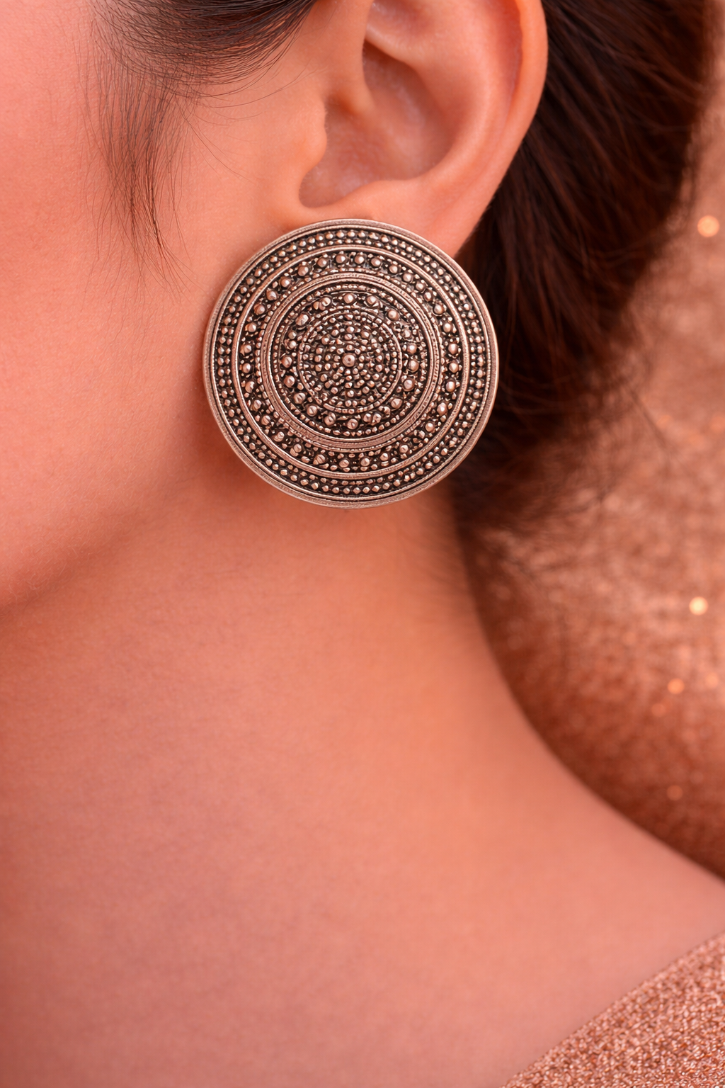 Oxidised Round Stud Earrings for Women Tribal Design Earrings