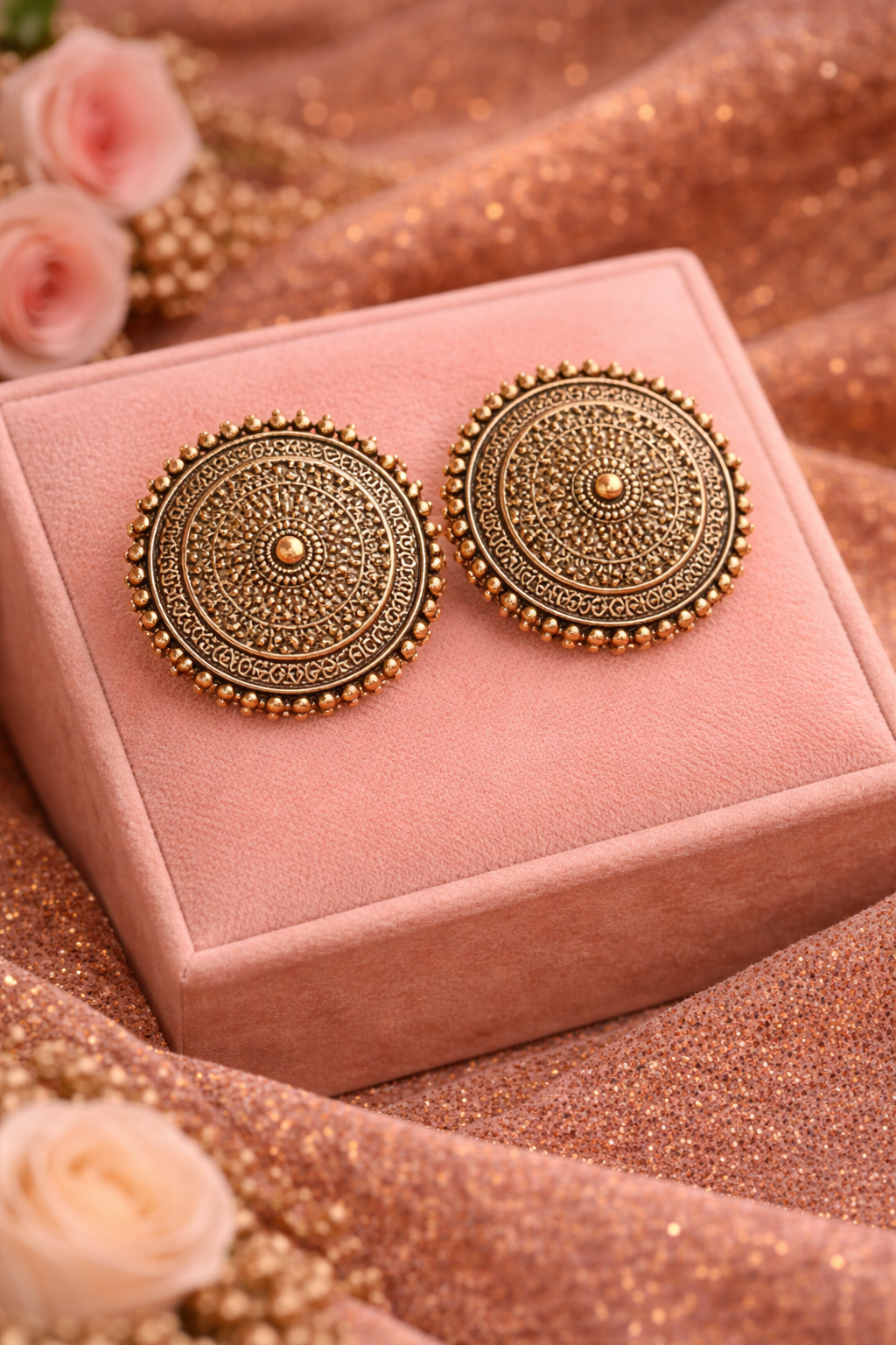 Antique Gold Round Stud Earrings for Women Tribal Design Earrings