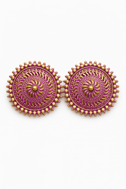 Pink Gold Round Stud Earrings for Women Sun Design Earrings