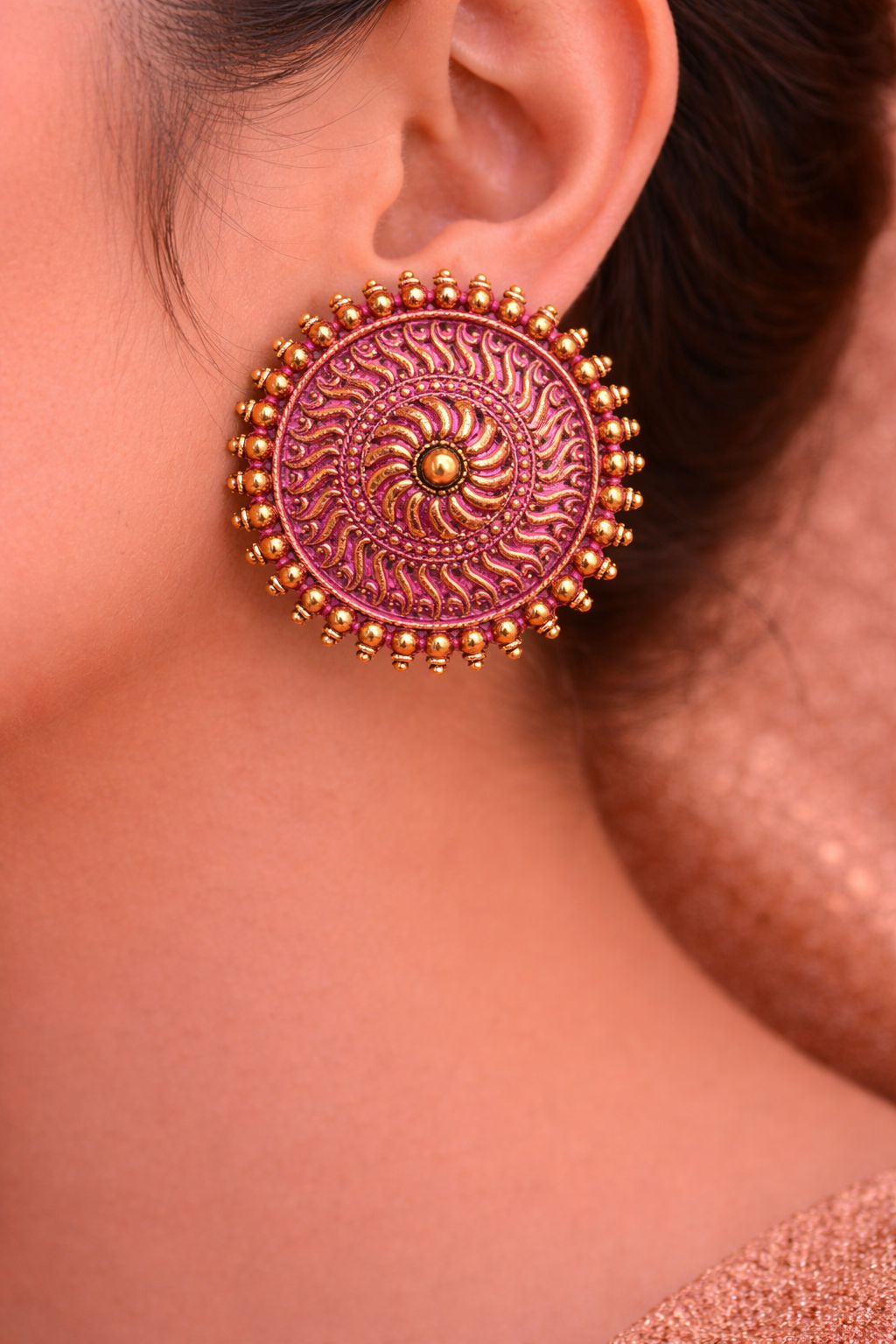 Pink Gold Round Stud Earrings for Women Sun Design Earrings