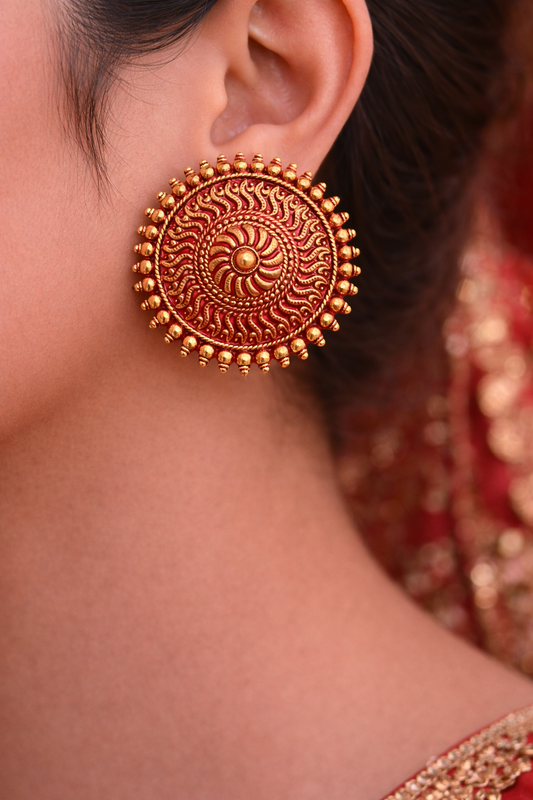 Red Gold Round Stud Earrings for Women Sun Design Earrings