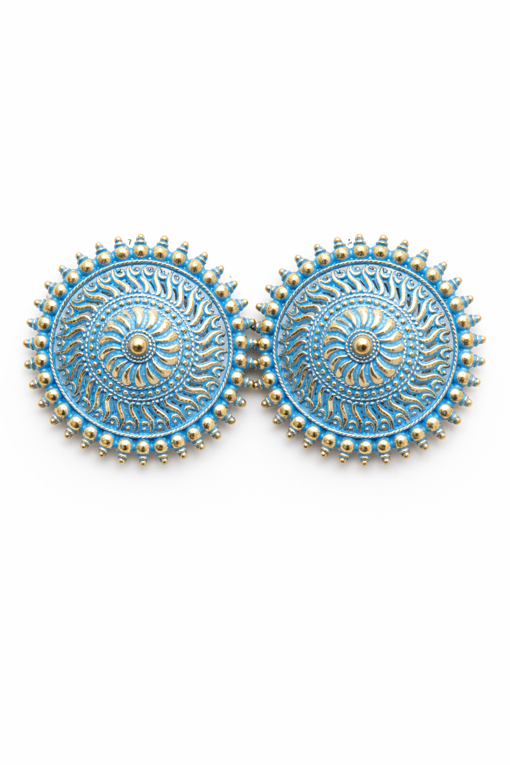 Blue Gold Round Stud Earrings for Women Sun Design Earrings