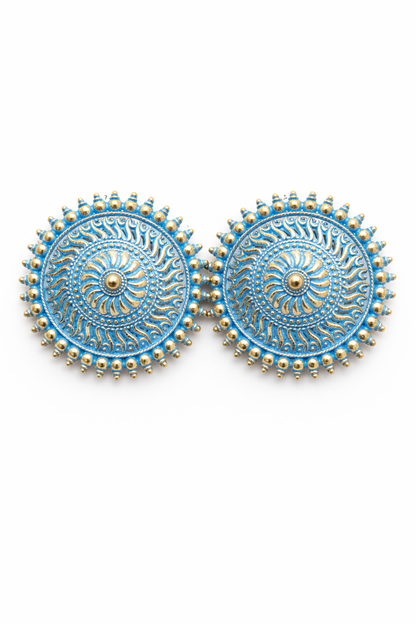 Blue Gold Round Stud Earrings for Women Sun Design Earrings