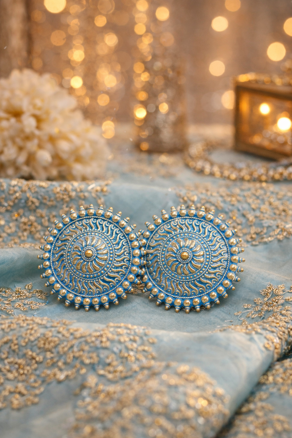 Blue Gold Round Stud Earrings for Women Sun Design Earrings