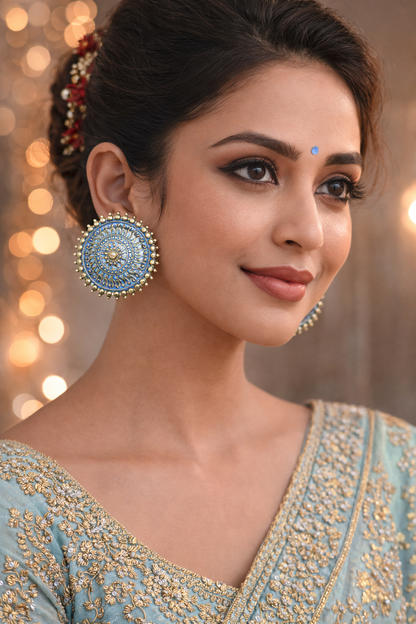 Blue Gold Round Stud Earrings for Women Sun Design Earrings