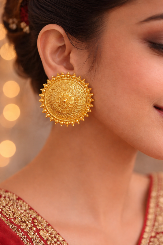 Gold Round Sun Design Stud Earrings for Women Traditional Ethnic Earrings