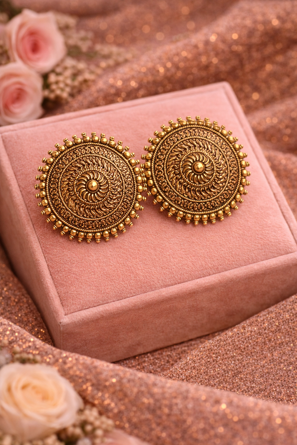 Antique Gold Round Stud Earrings for Women Sun Design Earrings