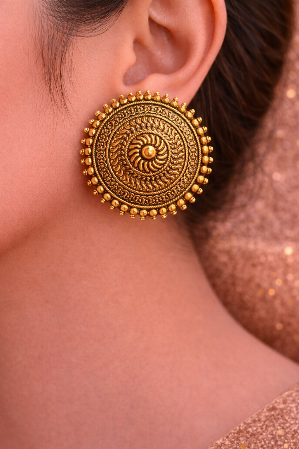 Antique Gold Round Stud Earrings for Women Sun Design Earrings