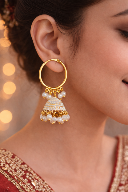 Pearl Jhumka Hoop Earrings for Women Gold White Beaded Jhumki