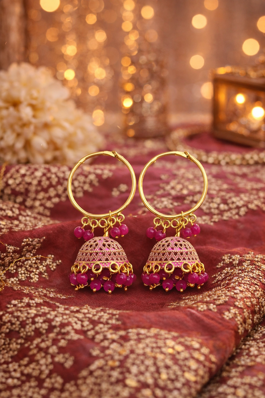 Pink Beaded Jhumka Hoop Earrings for Women Ethnic Gold Jhumki
