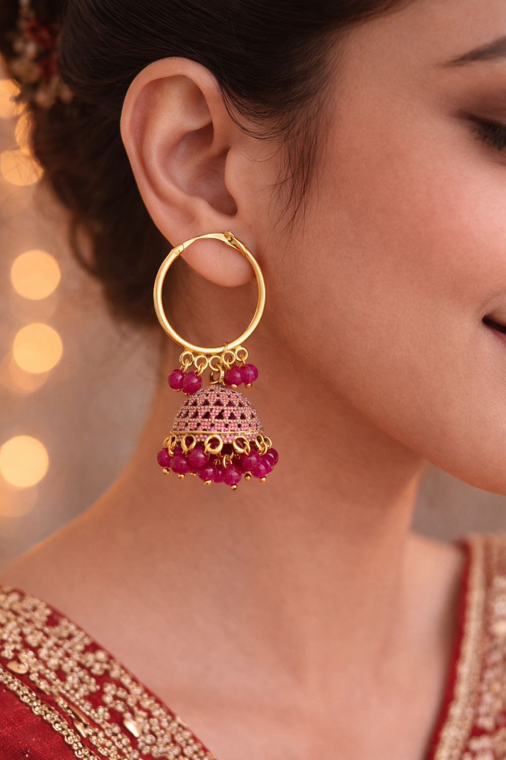 Pink Beaded Jhumka Hoop Earrings for Women Ethnic Gold Jhumki
