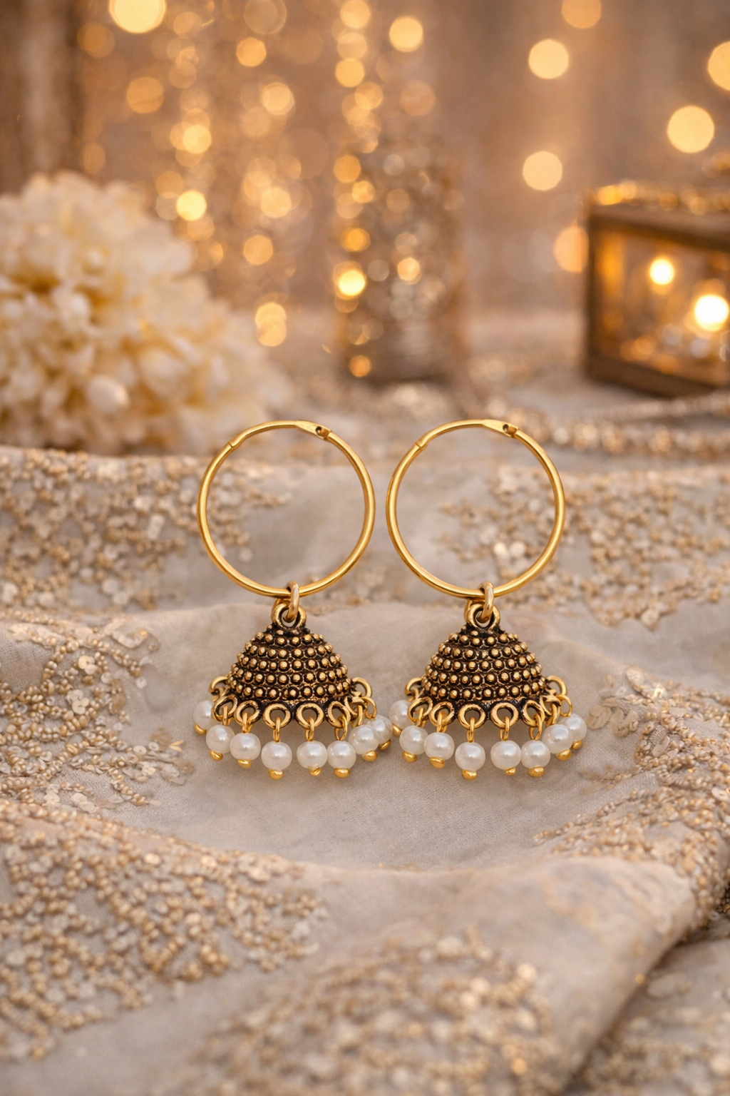 Gold Pearl Jhumka Hoop Earrings for Women Antique Beaded Jhumki