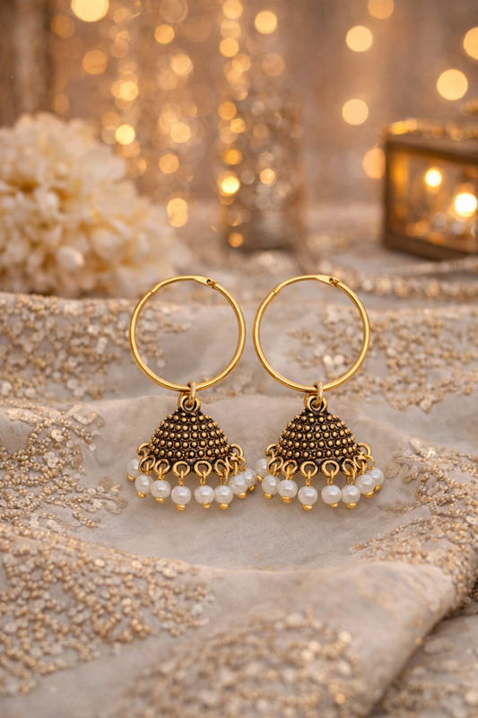 Gold Pearl Jhumka Hoop Earrings for Women Antique Beaded Jhumki