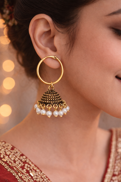 Gold Pearl Jhumka Hoop Earrings for Women Antique Beaded Jhumki