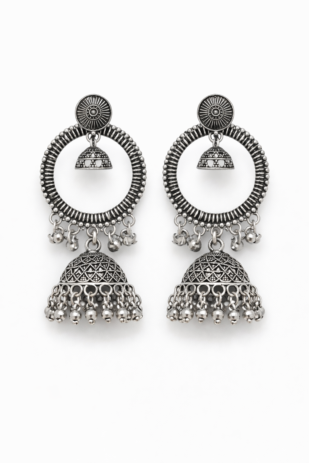 Oxidised Silver Double Jhumka Chandbali Earrings for Women Statement Ethnic Earrings