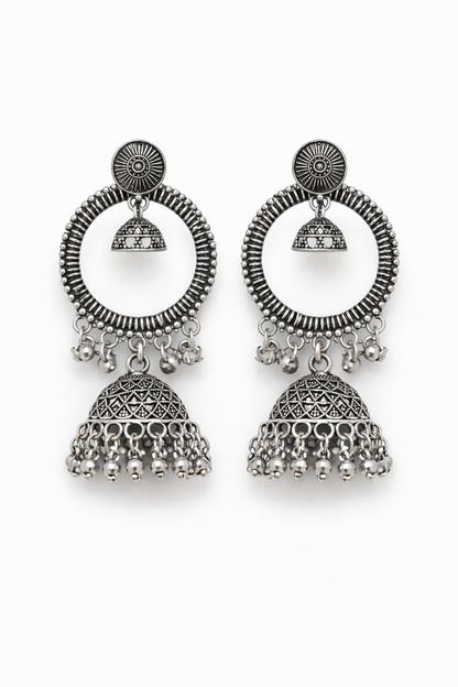 Oxidised Silver Double Jhumka Chandbali Earrings for Women Statement Ethnic Earrings