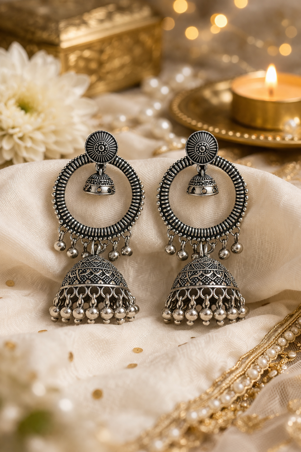 Oxidised Silver Double Jhumka Chandbali Earrings for Women Statement Ethnic Earrings