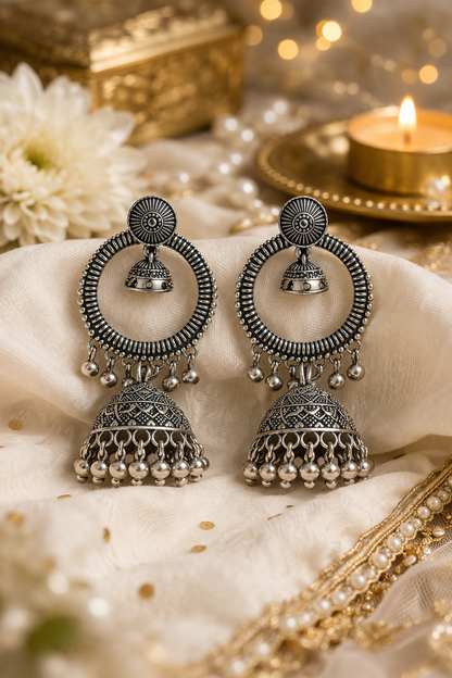 Oxidised Silver Double Jhumka Chandbali Earrings for Women Statement Ethnic Earrings