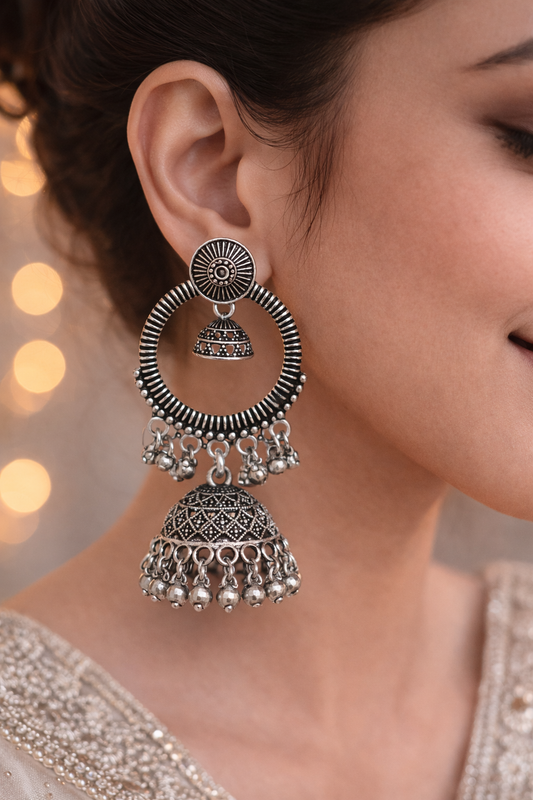 Oxidised Silver Double Jhumka Chandbali Earrings for Women Statement Ethnic Earrings