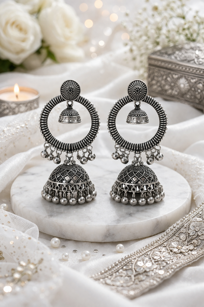 Oxidised Silver Double Jhumka Chandbali Earrings for Women Statement Ethnic Earrings