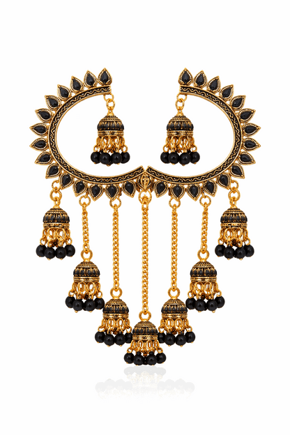Gold-Tone Chandbali Earrings with Black Stone & Jhumka Drops