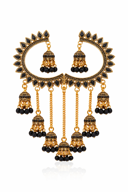 Gold-Tone Chandbali Earrings with Black Stone & Jhumka Drops
