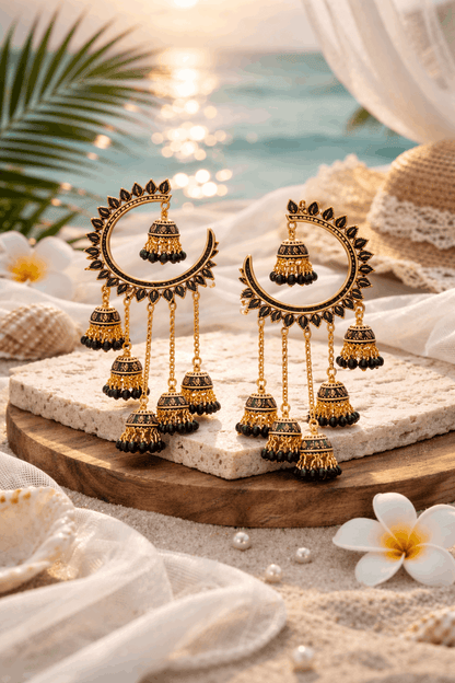 Gold-Tone Chandbali Earrings with Black Stone & Jhumka Drops