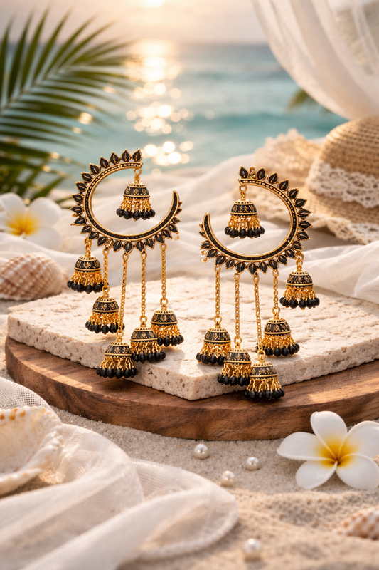 Gold-Tone Chandbali Earrings with Black Stone & Jhumka Drops