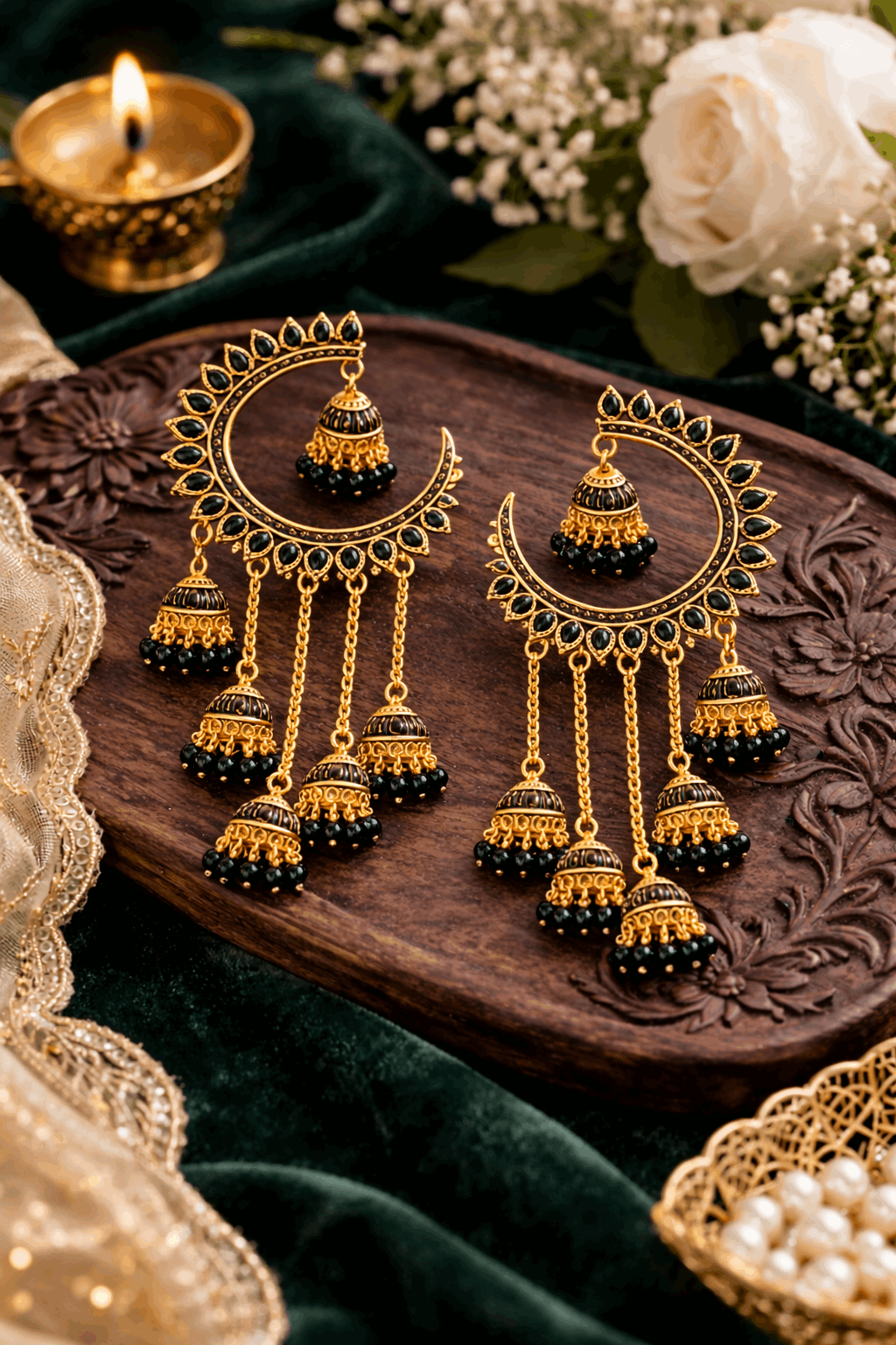 Gold-Tone Chandbali Earrings with Black Stone & Jhumka Drops