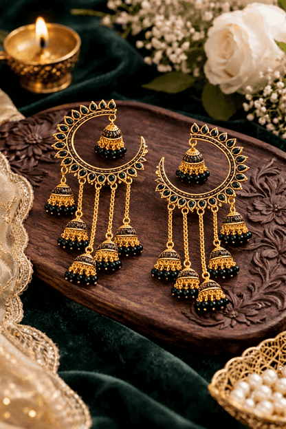 Gold-Tone Chandbali Earrings with Black Stone & Jhumka Drops