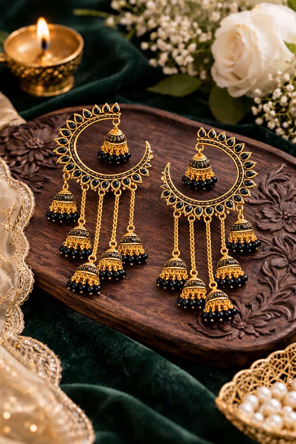 Gold-Tone Chandbali Earrings with Black Stone & Jhumka Drops