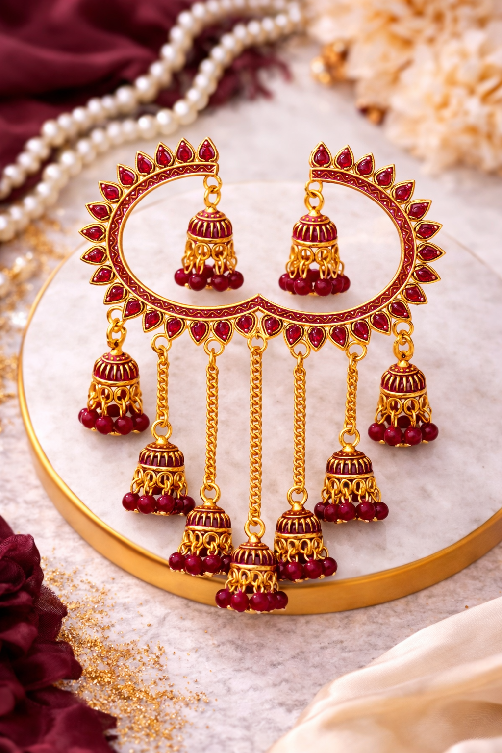Red Chandbali Multi Jhumka Earrings for Women Wedding Party Wear Jewelry
