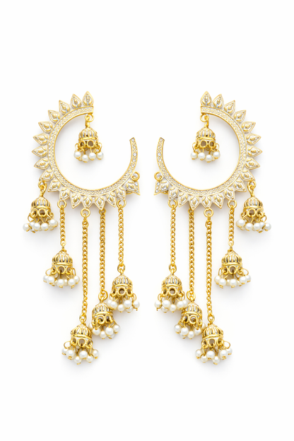 Gold-Tone Chandbali Earrings with White Pearl Beads & Jhumka Drops