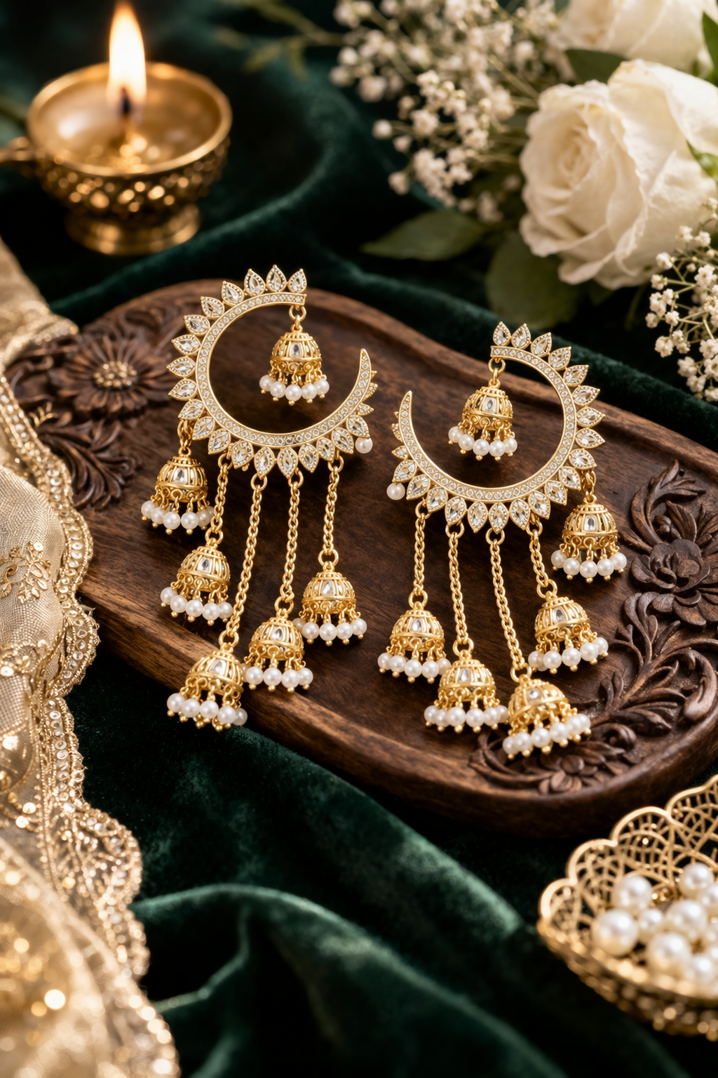Gold-Tone Chandbali Earrings with White Pearl Beads & Jhumka Drops