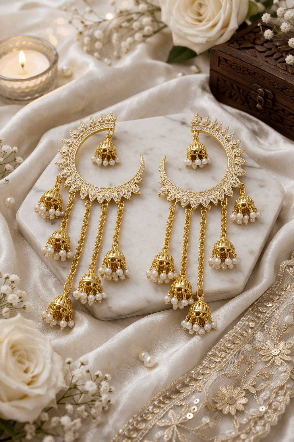 Gold-Tone Chandbali Earrings with White Pearl Beads & Jhumka Drops