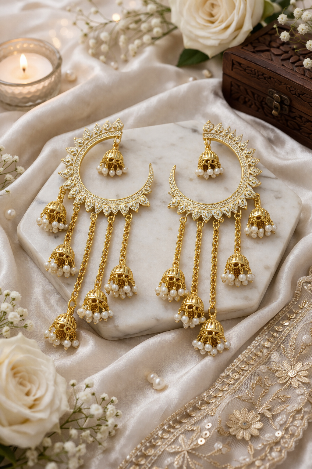 Gold-Tone Chandbali Earrings with White Pearl Beads & Jhumka Drops