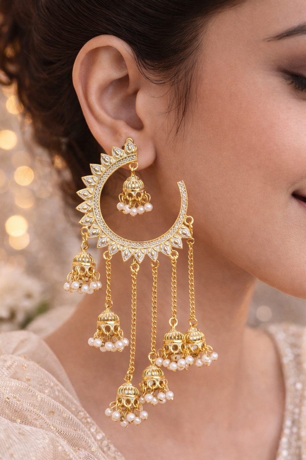Gold-Tone Chandbali Earrings with White Pearl Beads & Jhumka Drops
